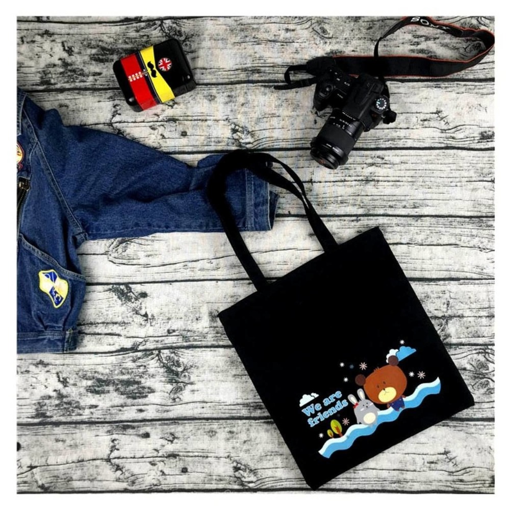 "We are Friends" Black Canvas Graphic Art‎ Zippered Tote